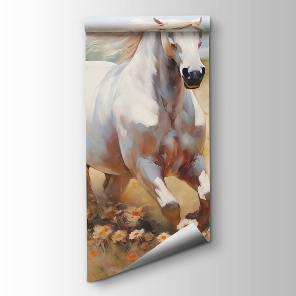 White horse running through a field of flowers White horse running through a field of flowers