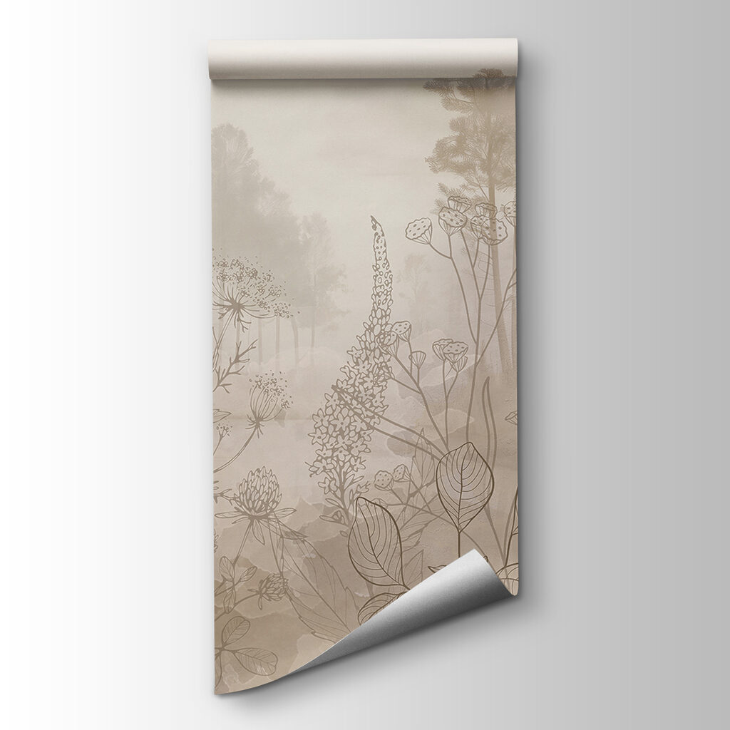 Foggy landscape with trees and plants