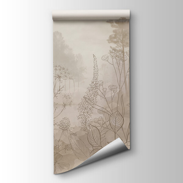 Foggy landscape with trees and plants