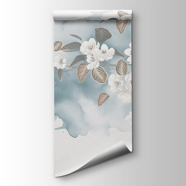 White flowers and leaves on a blue background