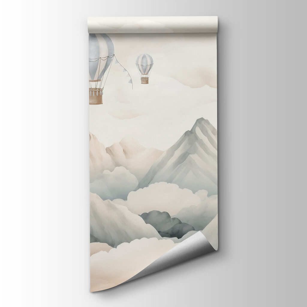 Group of hot air balloons in the sky above mountains