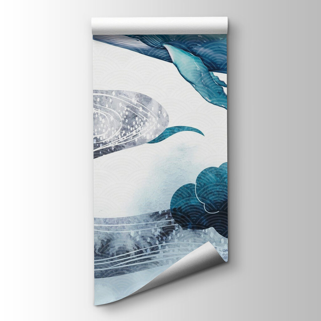 Whale and water with a red sun