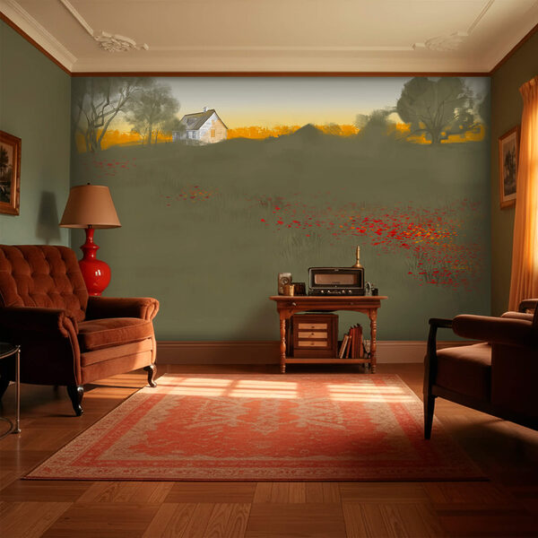 Ταπετσαρίες Ταπετσαρίες Πεδίο με κόκκινα λουλούδια και ένα σπίτι στο βάθος (Κωδικός προϊόντος: t00525)