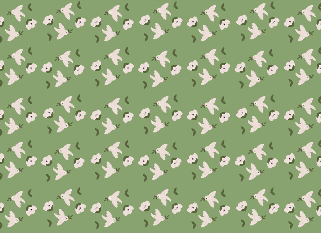 Pattern of white birds and green leaves