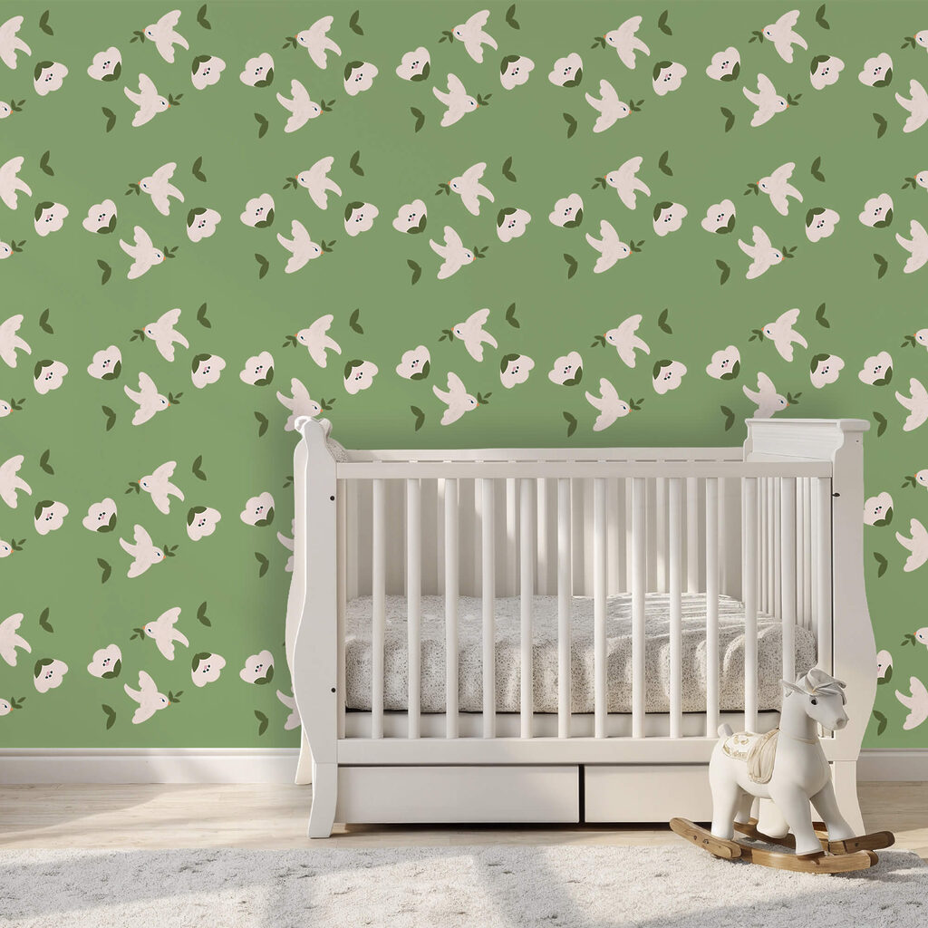 Μοτίβο με λευκά πουλιά και πράσινα φύλλα