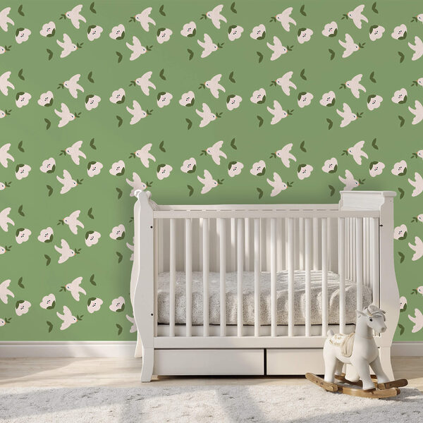 Μοτίβο με λευκά πουλιά και πράσινα φύλλα