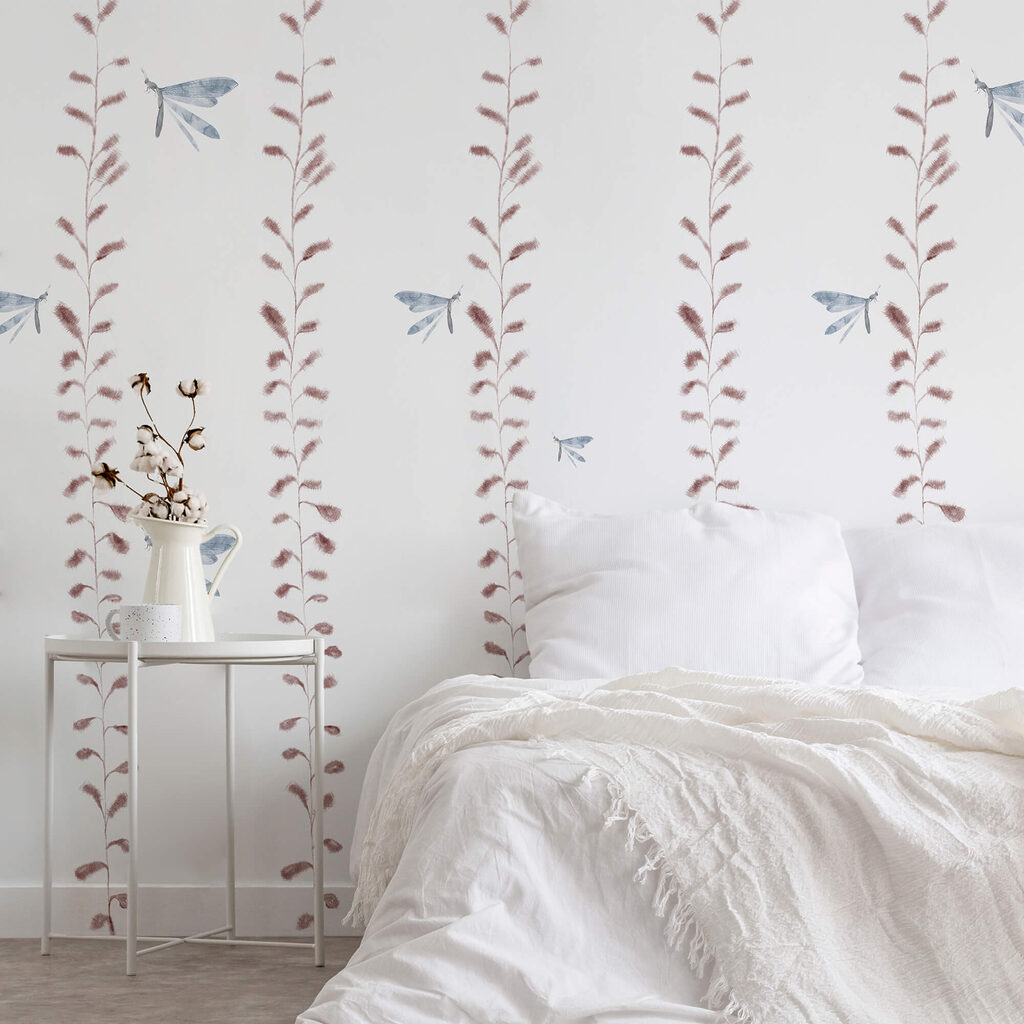 Ταπετσαρία με λιβελλούλες και φύλλα