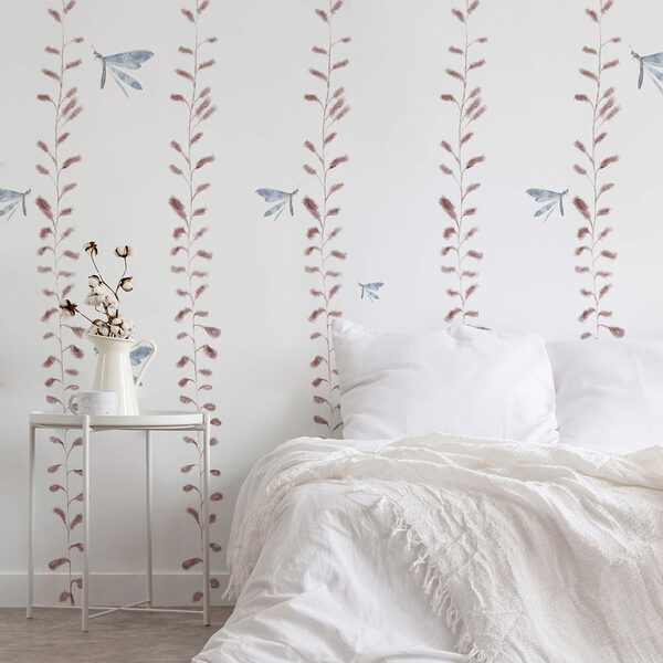 Ταπετσαρία με λιβελλούλες και φύλλα