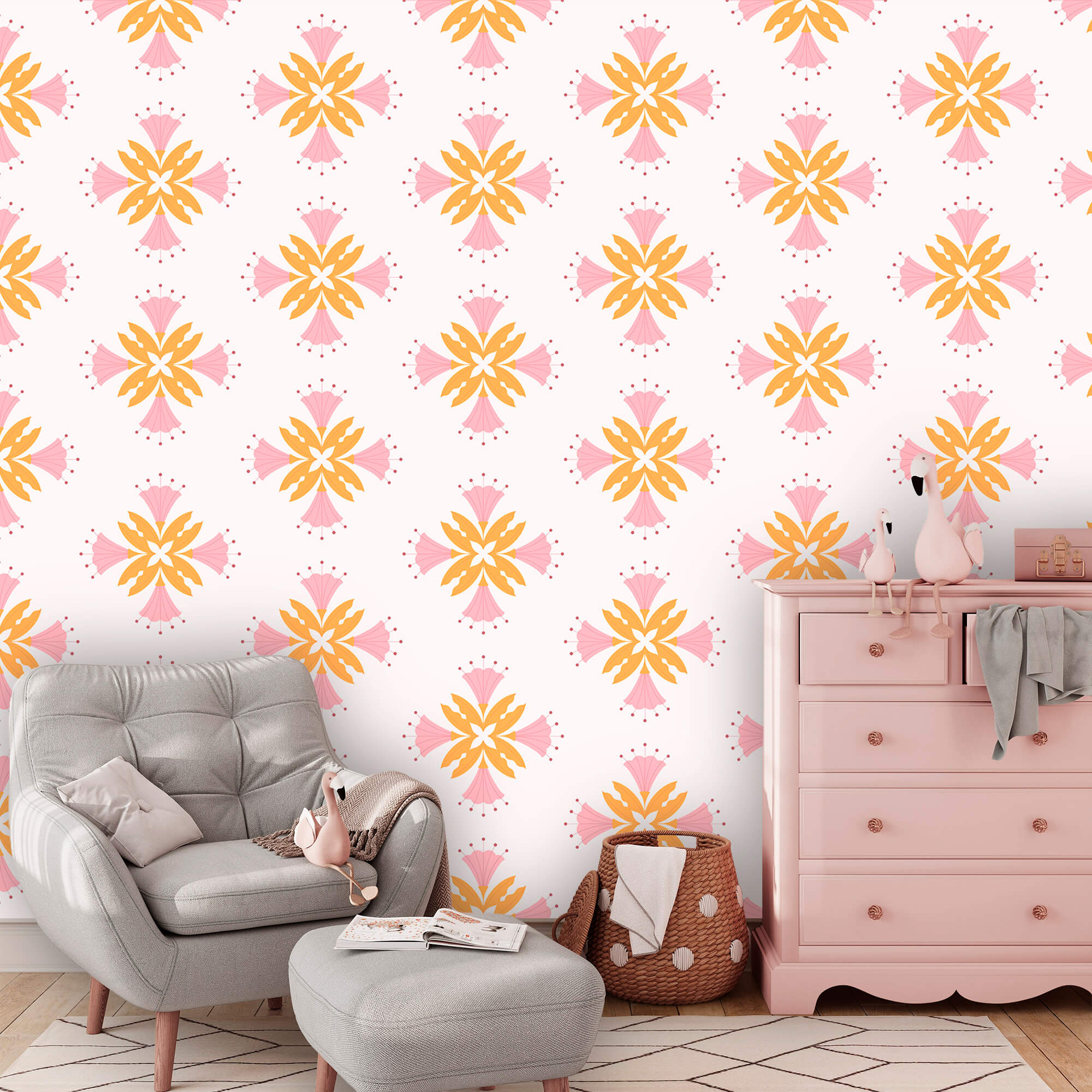 Μοτίβο με ροζ και πορτοκαλί λουλούδια