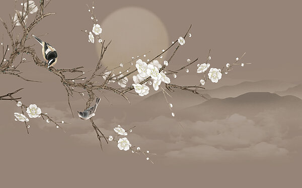 Tree branch with white flowers and a bird on it Tree branch with white flowers and a bird on it