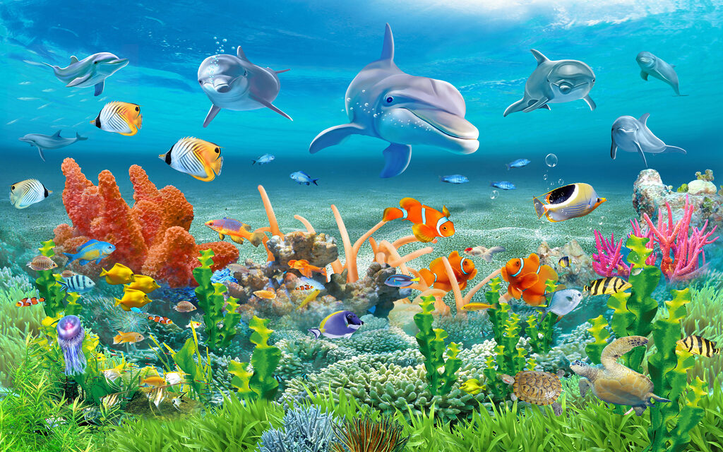 Group of fish and dolphins swimming in the ocean Group of fish and dolphins swimming in the ocean