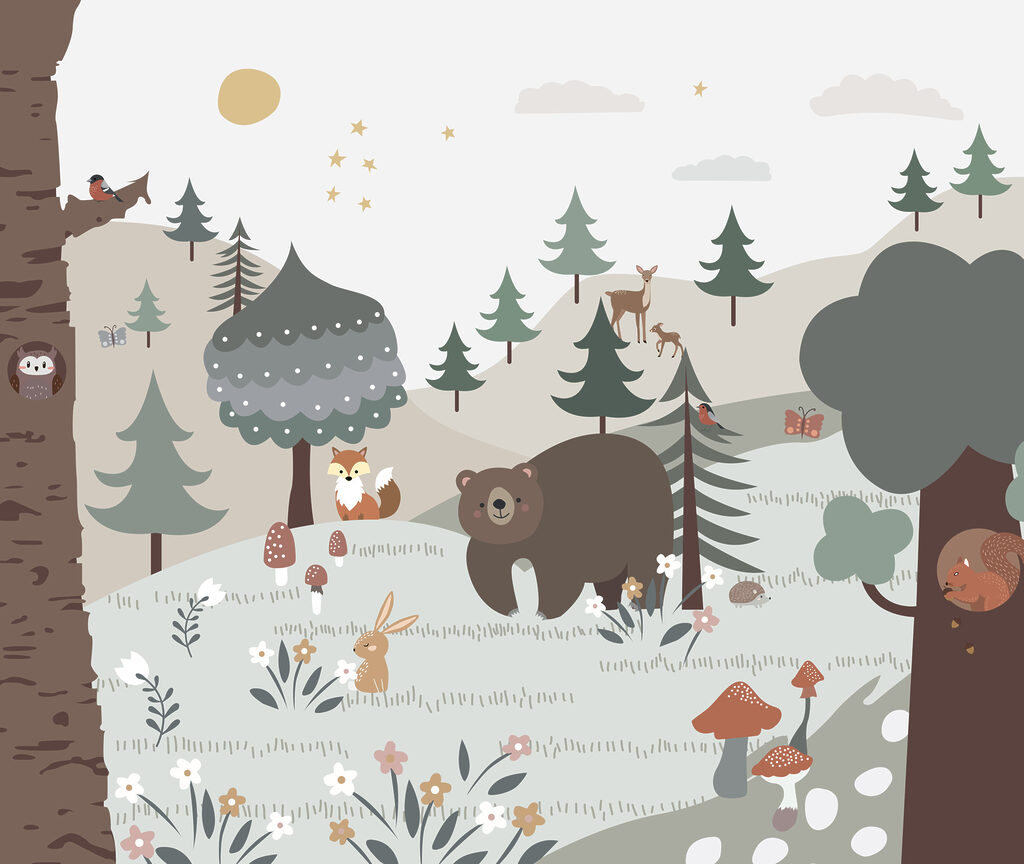 Cartoon of a bear and rabbit in a forest Cartoon of a bear and rabbit in a forest