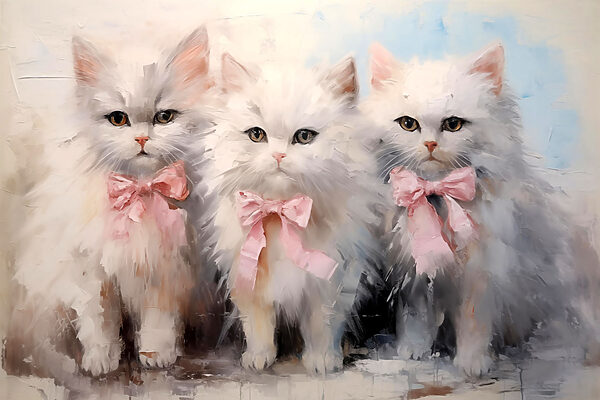 Group of white cats with pink bows Group of white cats with pink bows