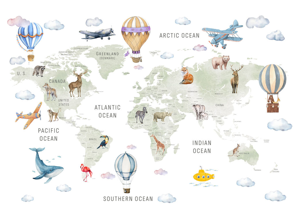 Map of the world with animals and birds Map of the world with animals and birds
