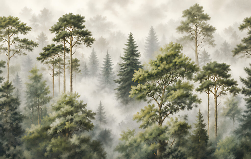 Foggy forest with trees Foggy forest with trees