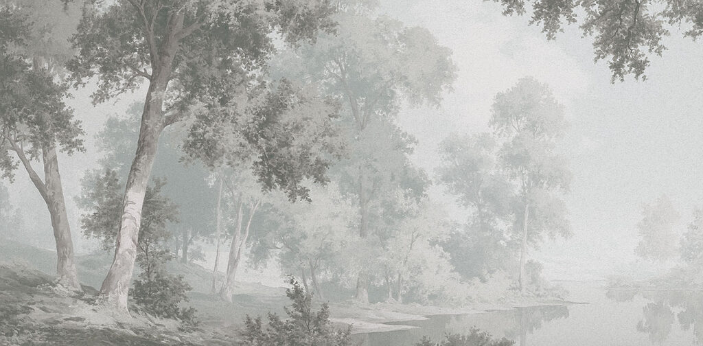 Grey and white landscape with trees and a river