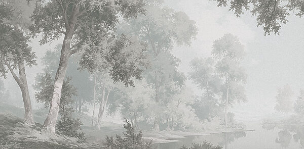 Grey and white landscape with trees and a river