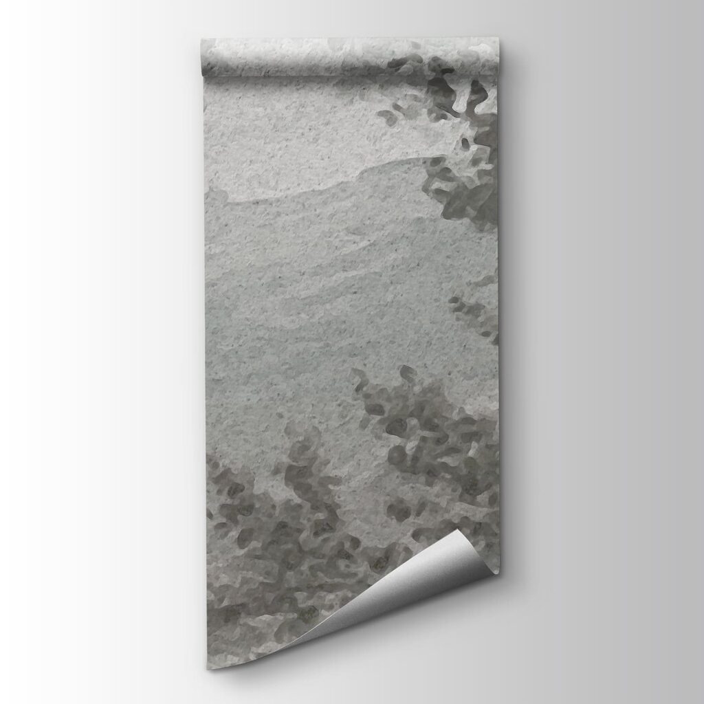 Grey and white landscape with trees and a river