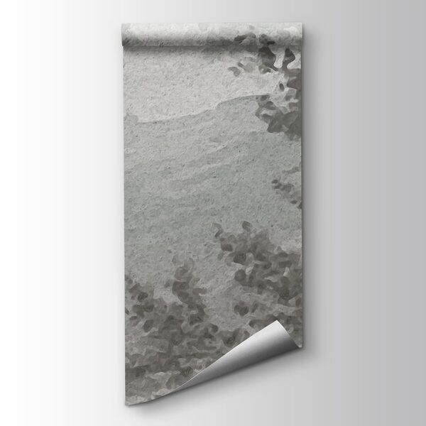 Grey and white landscape with trees and a river