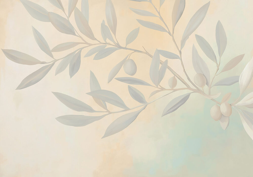 Painting of a branch with leaves and fruits