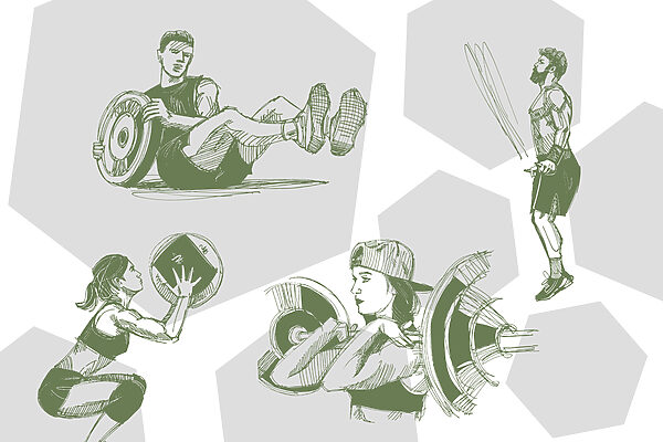 Collage of images of a man and a woman doing squats Collage of images of a man and a woman doing squats
